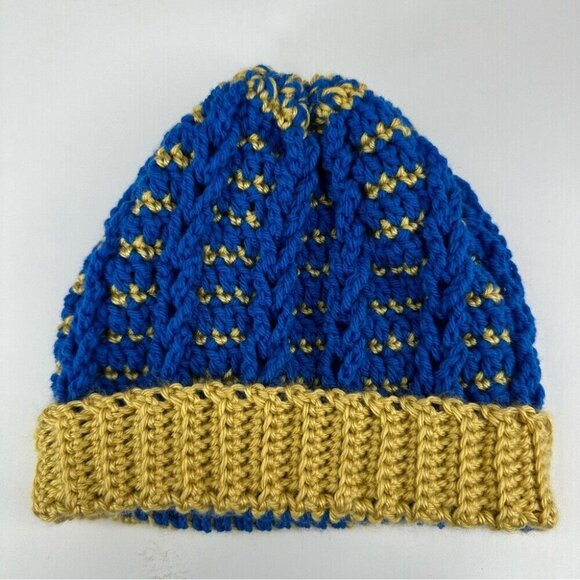 Handmade Unisex New Blue Gold Striped Winter Crochet Beanie - Adult S/M‎ - Picture 7 of 9
